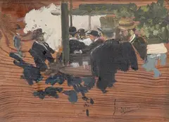 Tertulia de caballeros (estudio) by Francisco Gimeno Arasa, Óleo sobre tabla, sold May 2023