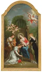 Virgen con el Niño rodeado de Santas Mártires y ángeles by Balthasar Beschey, 1746, Óleo sobre lienzo, sold Feb 2023
