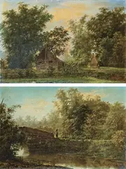 Paisaje de Manila con Bahay kubo Paisaje de Manila con puente sobre afluente del río Pasig by Félix Resurrección Hidalgo, 1876, Óleo sobre lienzo (dos), sold Feb 2023