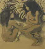 Deux baigneurs by Georges Henri Manzana Pissarro, circa 1920, Lavis, fusain et peinture or sur papier, sold Mar 2021