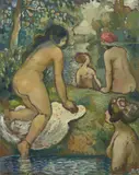 Baigneuses en bord de rivière by Georges Henri Manzana Pissarro, circa 1910, Huile sur carton, sold Mar 2021