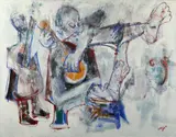 Musicien amoureux by Bernard Lorjou, 1985, Huile sur toile, sold Mar 2021