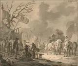 Soldats dans un campement by Dirk Langendijk, Plume et encre brune, lavis gris,, sold Feb 2021