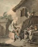 Jeune garçon surpris par un chien by Nicolas Lavreince, Plume et encre grise, lavis gris et aquarelle,, sold Feb 2021