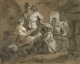 Soldats dans une taverne by Jean-Pierre Norblin de La Gourdaine, Plume et encre noire, lavis gris et rehauts de gouache blanche,, sold Feb 2021