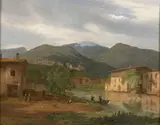 Paysage de montagne animé by Pierre Louis Duplat, Huile sur toile (Toile d'origine),, sold Feb 2021
