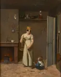 Jeune femme et son enfant dans un intérieur de cuisine by Louise-Adéone Drölling, Huile sur toile (Toile d'origine), sold Feb 2021