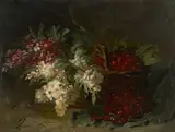 Panier de cerises et fleurs by Antoine Vollon, Huile sur toile,, sold Feb 2021