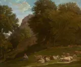 Berger et son troupeau dans un paysage de montagne by Alexandre Desgoffe, Huile sur papier marouflé sur carton, sold Feb 2021