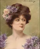 Portrait de femme aux fleurs mauves by Louise Abbéma, Huile sur toile (Toile d'origine),, sold Feb 2021