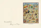 CARTE DE VŒUX 1976-1977 by Carte De Vœux, Carte en deux volets illustrée au 1er plat par La bataille de Zileheroum. Signé par Hergé et Fanny au 2e plat. Petites s, sold Jan 2021