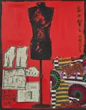 Mannequin I by Kenzo Takada, Huile et collage de journaux et tissus sur toile, sold May 2021