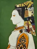 Profil by Manolo Valdés, 2008, Eau-forte, aquatinte, pointe-sèche et collages de reproductions d'œuvres sur le col et la coiffe ; sur fond vert, sold Jun 2021