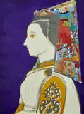 Profil by Manolo Valdés, 2008, Eau-forte, aquatinte, pointe-sèche et collages de reproductions d'œuvres d'œuvres de Maîtres (Frank Stella), sur le col , sold Jun 2021