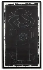 Subway drawing - années 1980 by Keith Haring, Craie sur papier noir déchiré, sold Jul 2021