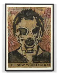 Obey New World Odor Collage by Shepard Fairey, 2005, Pochoir, peinture aérosol et collages sur papier, sold Jul 2021