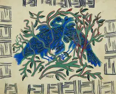 Deux oiseaux bleus by Mode Muntu, Gouache sur papier, sold Mar 2021