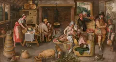 La visite à la nourrice by Marten van Cleve, Huile sur panneau parqueté, sold Nov 2021