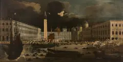 Vue fantastique de la Piazzetta avec le départ du Bucentaure, Venise by Didier Barra dit Monsù Desiderio, Huile sur toile, sold Nov 2021