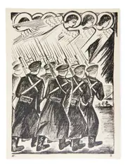 Images mystiques de la guerre [Misticheskié obrazy voïny]. by Natalia Goncharova, ALBUM ILLUSTRE DE 14 LITHOGRAPHIES EN NOIR A PLEINE PAGE DE N. GONTCHAROVA DANS LA VEINE DU RAYONNISME ET DU NEO-PRIMITI, sold Dec 2021
