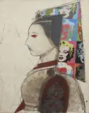 Profil by Manolo Valdés, 2008, Eau-forte, aquatinte, pointe-sèche et collages de reproduction d'œuvres de Maîtres (Andy Warhol) , sur la coiffe, sold Nov 2021