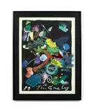L'Odalisque 2 by Jean Tinguely, 1989, Lithographie offset en couleurs, sur fond noir, agrémentée de plumes bleues, sold Nov 2021