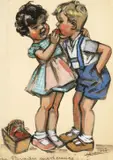 Germaine BOURET by Germaine Bouret, Fusain et gouache sur papier pour une illustration représentant une petite fille faisant manger une pomme à un petit gar, sold Nov 2021