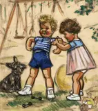 Germaine BOURET by Germaine Bouret, Fusain et gouache sur papier pour une illustration représentant un petit garçon et une petite fille après une séance de , sold Nov 2021