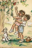 Germaine BOURET by Germaine Bouret, Fusain et gouache sur papier pour une illustration représentant une petite fille en train de cueillir une pomme. Signé e, sold Nov 2021