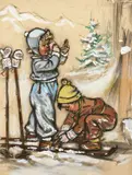 Germaine BOURET by Germaine Bouret, Fusain et gouache sur papier pour une illustration représentant deux enfants au ski. Signé., sold Nov 2021