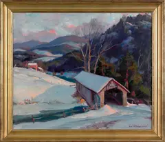 winter landscape with a covered bridge by Emile Albert Gruppe, oil on canvas, sold Nov 2008