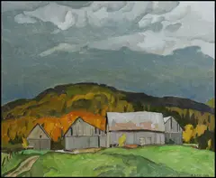 Barns at Harrington, Quebec by A. J. Casson, 1968, oil on board, sold Mar 2014