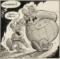 Albert UDERZO by Albert Uderzo, Encre de Chine sur papier pour une très jolie case représentant Astérix et Obélix. Signé au verso. Encadré., sold Nov 2021