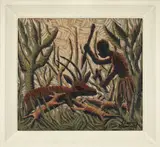 Le chasseur devant sa proie, circa 1955 by Mwenze Kibwanga, Huile sur toile marouflée sur Isorel, sold Nov 2021