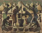 Sans titre (scène de village), 1961 by Mwenze Kibwanga, Huile sur toile, sold Nov 2021