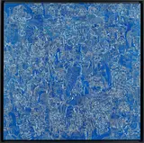 Zone Urbaine, 2021 by Houston Maludi, Stylo blanc sur encre bleue et apprêt sur toile, sold Nov 2021