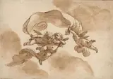 Anges tenant un drap by Ubaldo Gandolfi, Plume et encre brune, lavis brun sur trait de crayon, sold Jun 2020