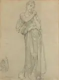 Jeune fille drapée et un groupe de figures, étude pour "Premiers bijoux by William-Adolphe Bouguereau, Crayon noir et rehauts de blanc, sold Jun 2020