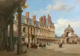 Seigneurs attendant la sortie du roi Henri IV dans la cour ovale, au palais de Fontainebleau by Jacques Guiaud, Huile sur toile (Toile d'origine), sold Jun 2020