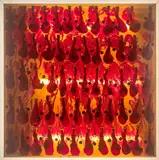 SANS TITRE by Arman, 1969, Inclusion de bouteilles d'encre rouge et capsules dans résine et néons dans un emboîtage en bois et plexiglas, sold Jul 2020