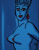 LOUSTAL (Jacques de Loustal dit) by Jacques de Loustal, Acrylique sous verre pour un portrait de femme aux boucles d’oreilles rouge réalisé vers 2010. Signé et encadré. Excelle, sold Jun 2020