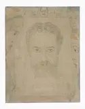 L'âme de douleurs – autoportrait aux figures by James Ensor, 1915, Crayon de couleur et mine de plomb sur panneau préparé, sold Jul 2020