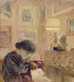 Femme regardant des estampes - Circa 1905 by Édouard Vuillard, Huile sur toile, sold Jul 2020