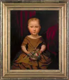 portrait of a young child in a brown dress holding a basket of flowers by American School, oil on board, offered Oct 2008