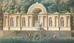 Projet de monument thermal, adossé à un massif rocheux by Pierre Marnotte, Plume et encre grise, aquarelle, sold Mar 2011
