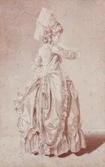 Portrait d'une jeune femme en pied portant une coiffe haute by Louis Rolland Trinquesse, Sanguine, sold Mar 2011