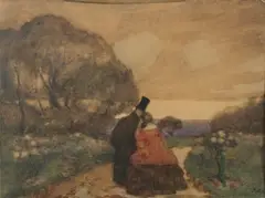 Couple sur le chemin by Pyotr Nilus, Aquarelle signée en bas à droite (papier jauni), sold Nov 2007