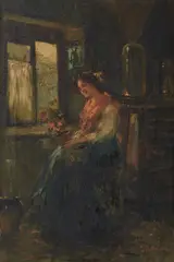 Figura femminile con vaso di fiori in un interno by Luca Postiglione, sold Oct 2026