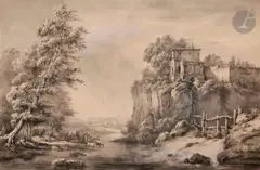 Vue animée du château Galliard dans les environs de Lyon by Jean-Jacques de Boissieu, Plume et encre de chine, lavis gris et rehauts de gouache blanche, sold May 2020