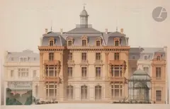 Elévation de la façade sur le parc de l'Hôtel de Camondo by Denis-Louis Destors, Aquarelle sur traits de crayon noir, sold May 2020